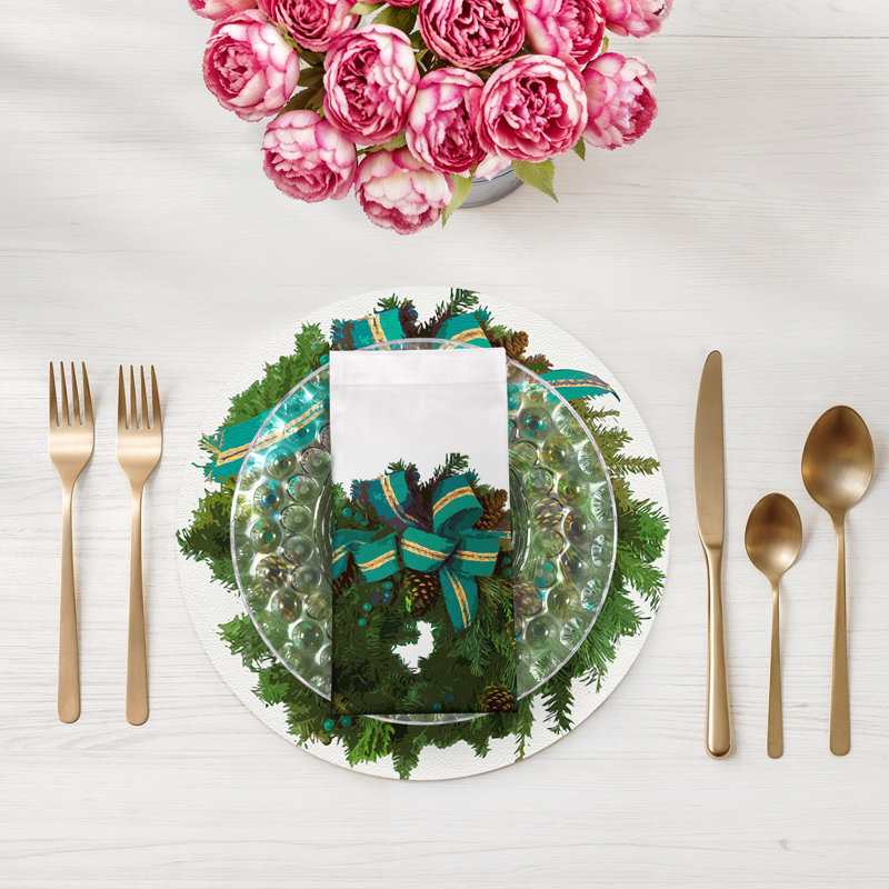 Christmas Wreath Cotton Blend Square Napkins, White Verdigris