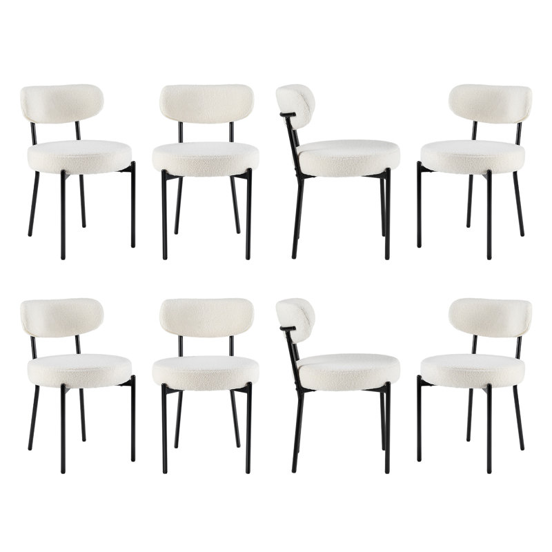 Sherpa Fabric Upholstered Dining Chairs Set With Backrest For Dining Room, Kitchen, Living Room, Includes 8 Chairs, White