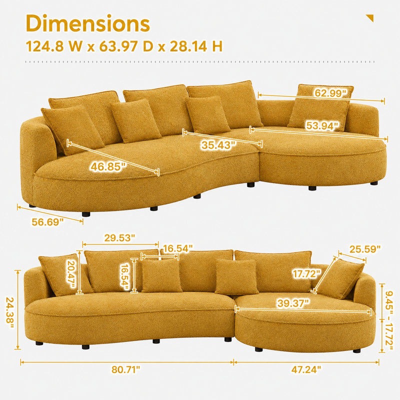 125" Modern Curved Sectional Sofa Couch With Chaise, Upholstery Boucle Sofa Couch With Pillows,Sectional Boucle Fabric Couch For Living Room