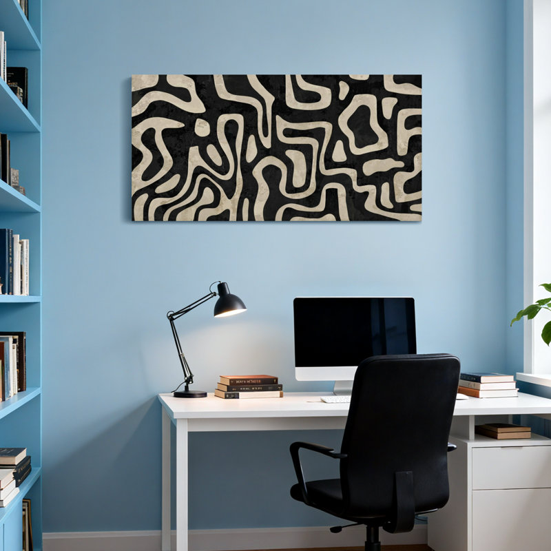 Motif de lignes ondulées noires et blanches à la mode, H 16 po x l 32 po