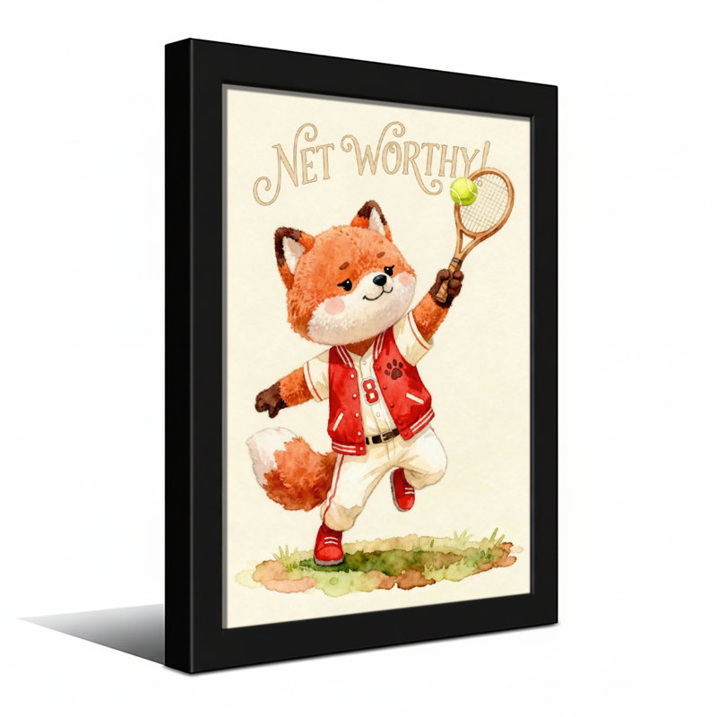 Animaux, renard jouant au tennis avec une raquette et une balle, H 16 po x l 24 po, Toile tendue, Ne s’applique pas