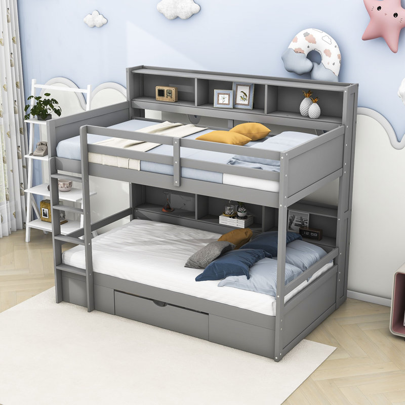 Lit superposé simple au-dessus de simple avec tablettes Fiquett par Harriet Bee, gris