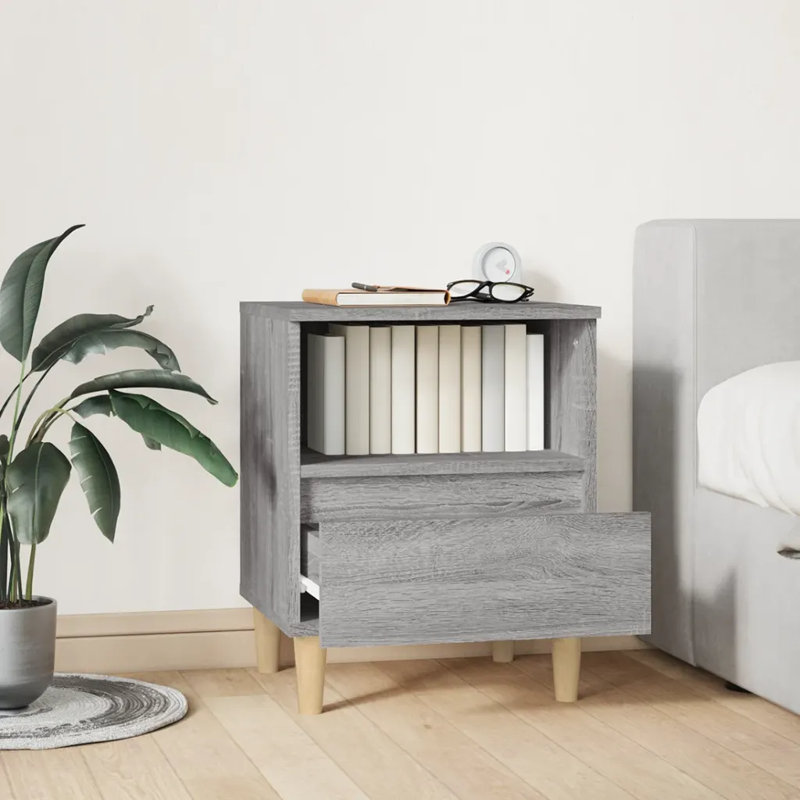 Hasana 40cm W Solid Wood Bedside Table, Grey