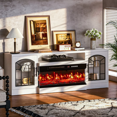 Meuble télé 70 po, meuble télé avec foyer électrique en verre à 3 côtés, 36 po avec foyer gris pour salon