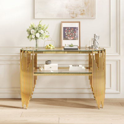 Luxury Gold Console Table with 2-Tier Tempered Glass Shelves, Modern Oval Entryway Table for Hallway & Living Room, Polished Stainless Steel Frame, 47" x 15.7" x 31.5"