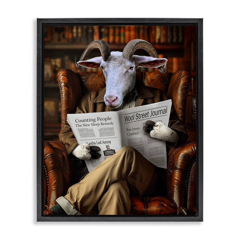 Chèvre dans une bibliothèque rétro, art mural par Karen Burke, Cadre flottant noir de jais, H 31 po x l 25 po x P 1,7 po