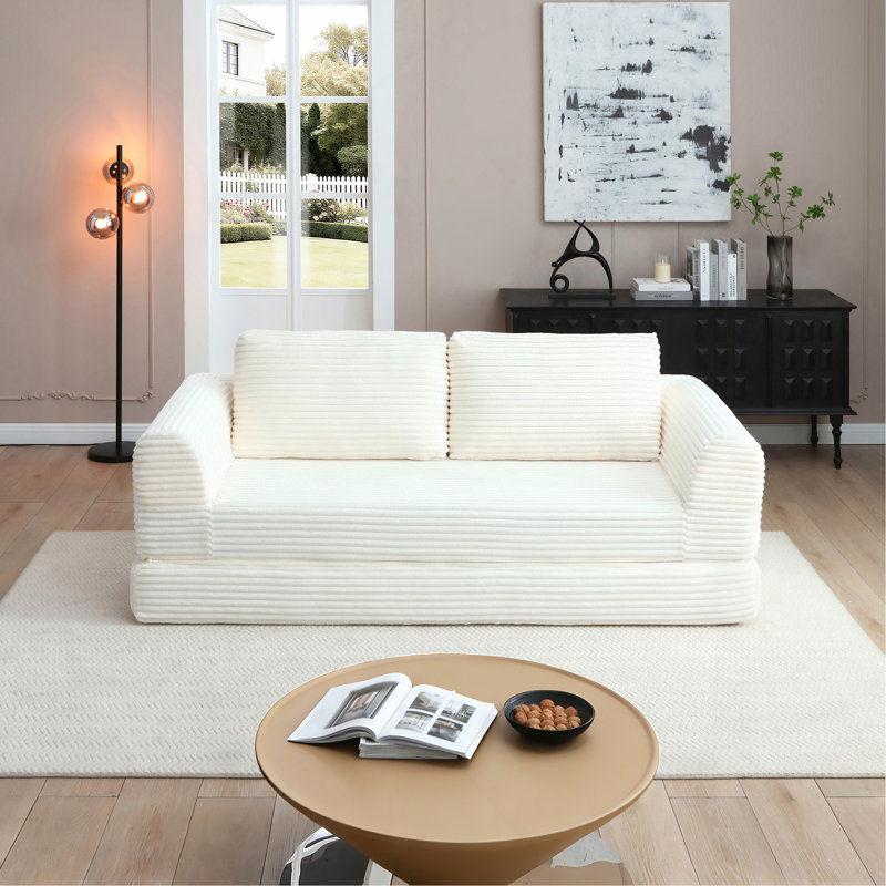 Canapé-lit pliant convertible 2-en-1, canapé-lit en velours côtelé moderne avec 2 * coussins, canapé-lit modulaire sans dossier avec lit escamotable Futon, canapé-lit modulaire pliable pour le salon beige