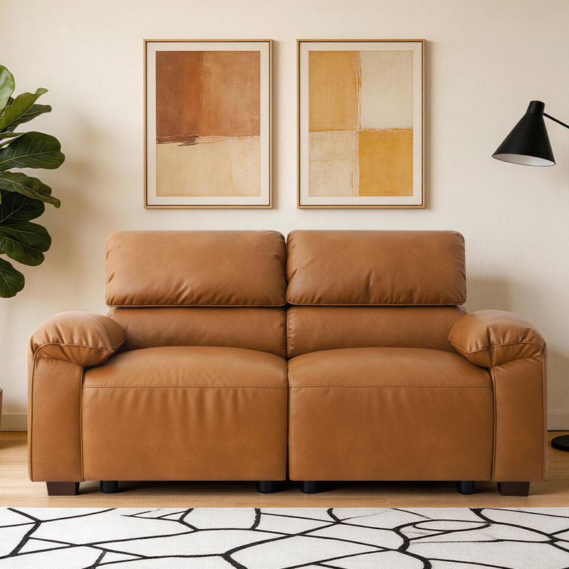 Canapé Mid-Century en similicuir avec coussins profonds et structure en bois massif pour le salon, 2