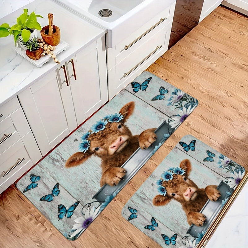 Tapis de cuisine antidérapant en veau avec couronne de fleurs, 2 pièces, Veau avec couronne de fleurs