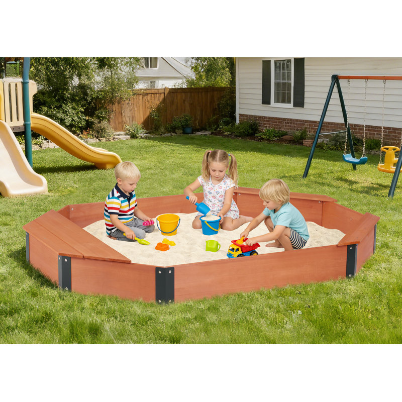 Bac à sable octogonal 76 po x 53 po x 9 po avec boîte de rangement pour enfants, grand bac à sable en bois avec couvercle et 3 bancs, installation facile et rapide