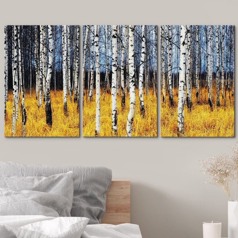 Aspen Birch Aspen arbres forêt jaune herbe champ automne nature paysage moderne 3 pièces, Toile tendue