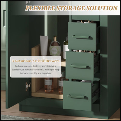 24" Bathroom Vanity with Integrated Ceramic Sink Soft Close Cabinet with 1 Door and 3 Drawers