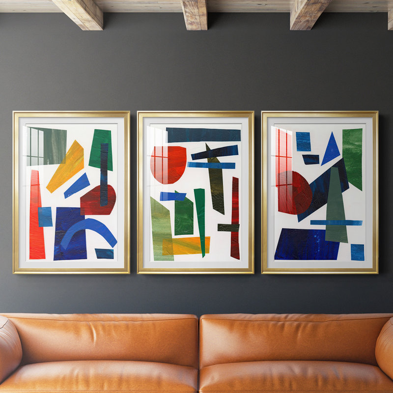 «Colorful Shapes I», reproduction encadrée de qualité supérieure - prête à être accrochée, Cadre doré