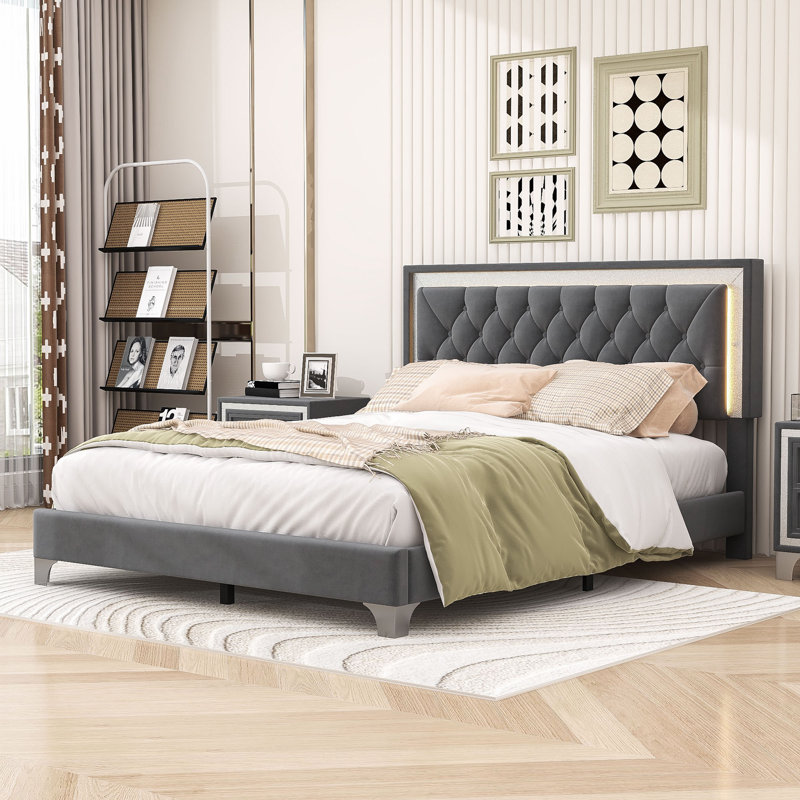 Grand lit tapissier avec lumières DEL Harsukh, gris