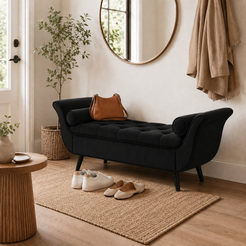 Velvet Upholstered Storage Bench, Black