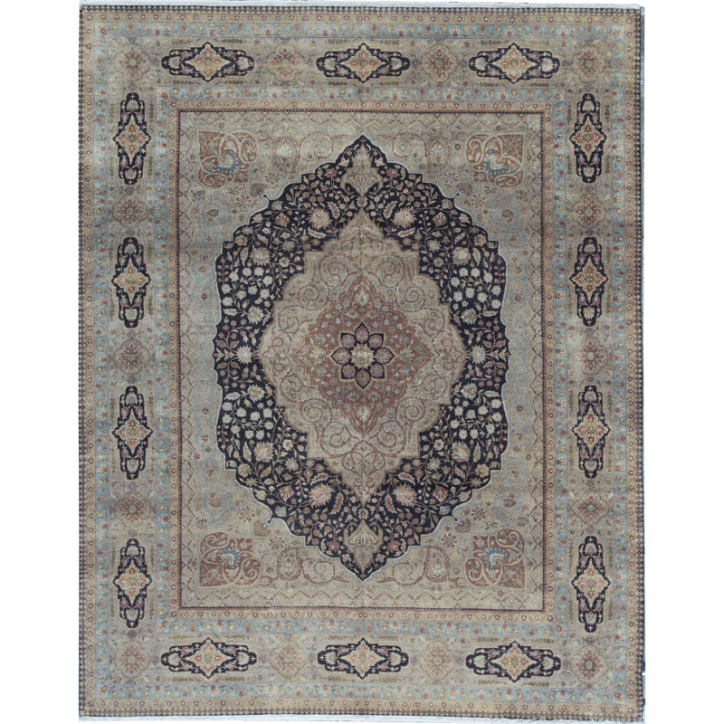 Tapis bleu et crème noué à la main de haute qualité