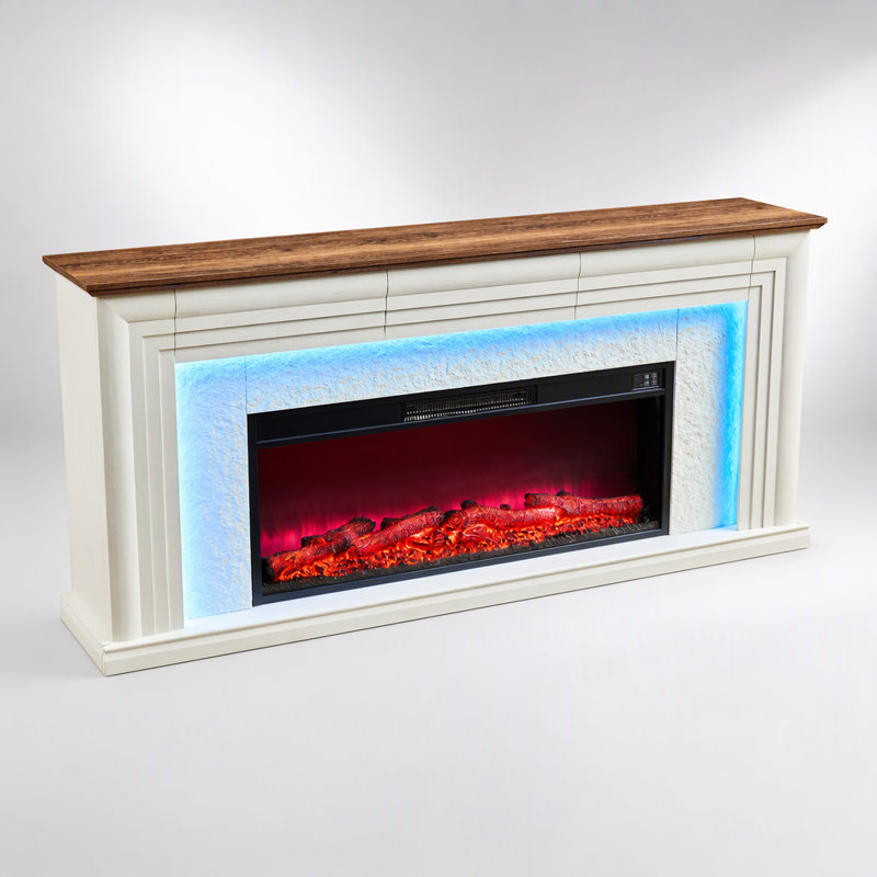 Meuble télé de style ferme moderne avec design cannelé et insert de foyer électrique pour salons spacieux