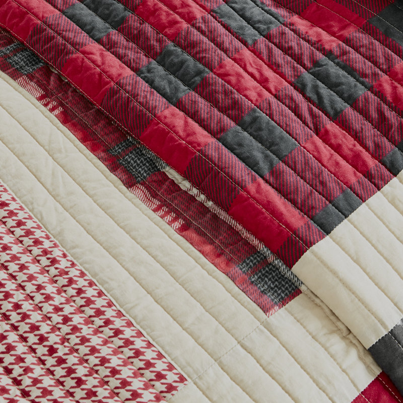 Red and Grey Cotton Plaid Reversible Full Quilt Set