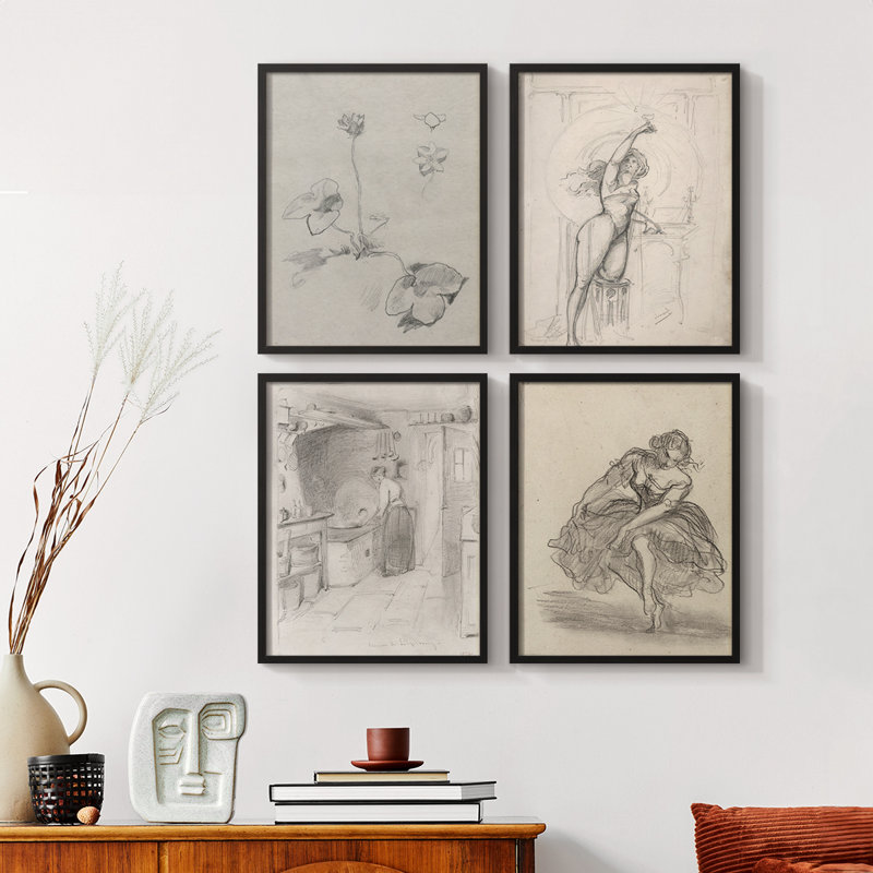 "Croquis rétro LII", 4 pièces sur papier, H 14 po x l 44 po, Noir