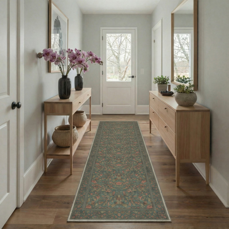 Verdant Vintage Floral Machine Washable Sage Teal Indoor Area Rug With Non-Slip Backing, Runner 2' x 6'