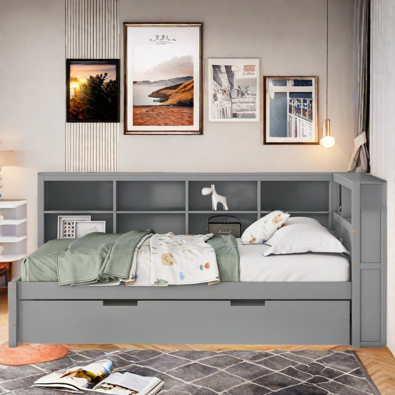 Lit de jour en bois avec lit gigogne simple, tablette de rangement et ports de chargement USB, Double, Gris