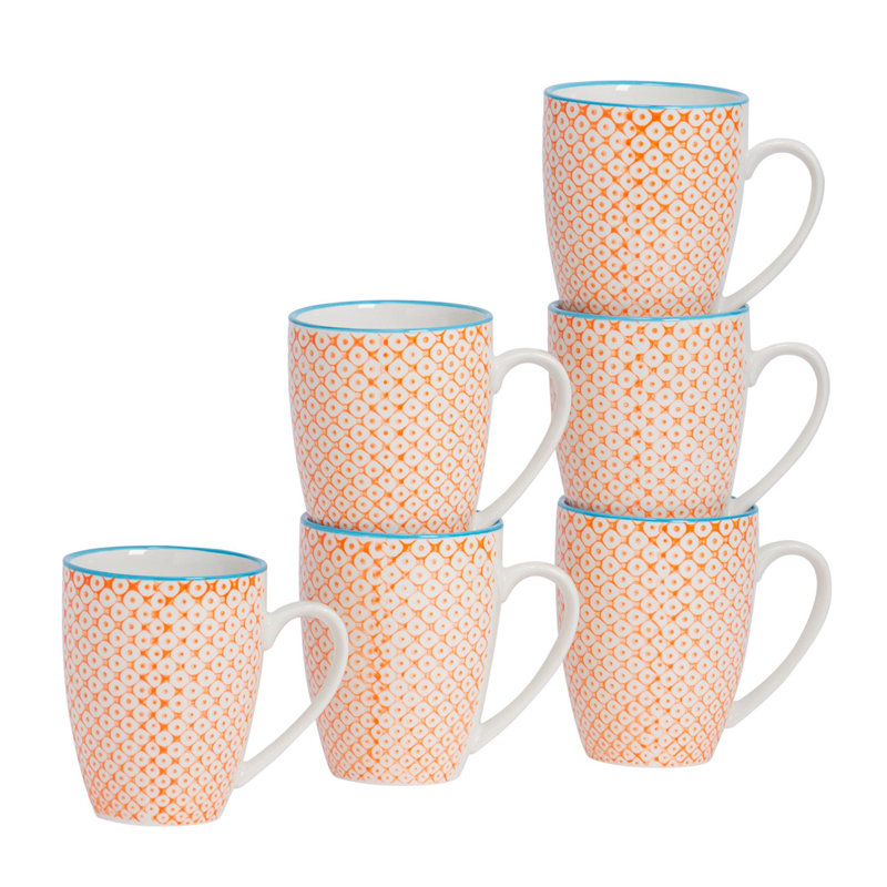 Nicola Spring Nicola Spring Hand-Printed Mug - 330ml - Orange - Pack of 6, 6