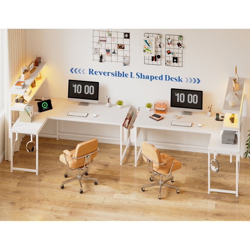 Bureau d'ordinateur en L avec lumières DEL et prise de courant, bureau de jeu réversible de l 43,3 po avec tablette de rangement, sac latéral, crochets pour bureau personnel, blanc