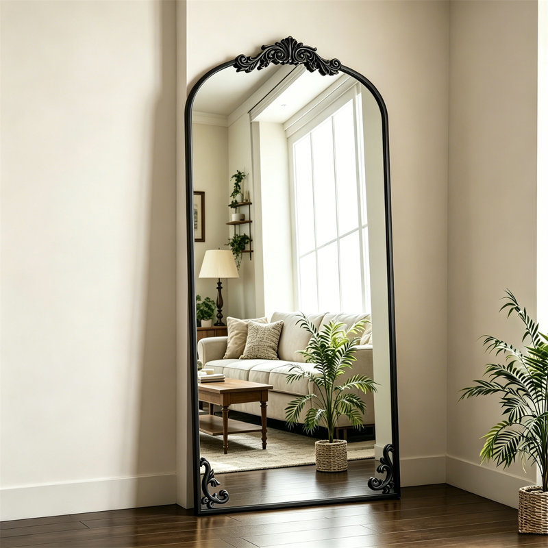 Arched Full-Length Mirror – Ornate Carved Metal Frame, Freestanding Floor Mirror With Artistic Base Detailing, Vintage Wall Mirror For Home Décor