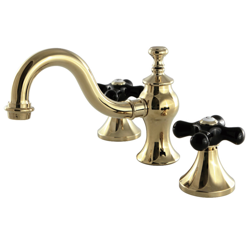 Kingston Brass Duchess Two-Handle 3-Hole Deck Mount Widespread Bathroom Faucet with Brass Pop-Up Drain, Polished Brass