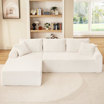 White Corduroy Full - Compression Chaise Lounge , 3 Seat With Arched , Non Slip Base, Back Cushions And 2 Throw Pillows For Comfortable Home Lounging Sectional Luxury &