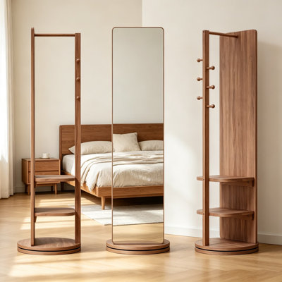 Solid Wood Full Length Mirror with Coat Rack and Storage Shelf, Standing Rotating Mirror Organizer for Entryway, Bedroom, and Small Spaces, Walnut Fin