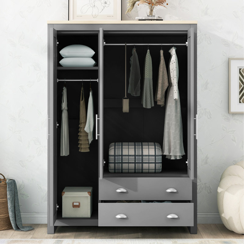 Armoire de rangement à trois portes avec armoires et deux tringles de suspension