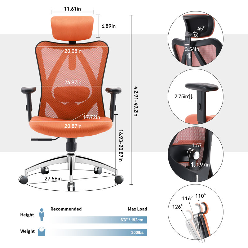 Ergonomic Mesh Office Chair with Adjustable Lumbar Support and Padded Armrests for 300lbs, Orange