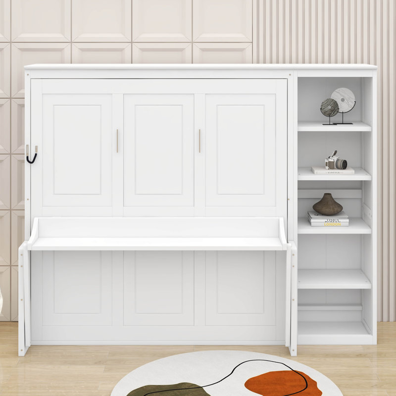 Grand lit escamotable avec bureau et bibliothèque, Blanc, Grand lit