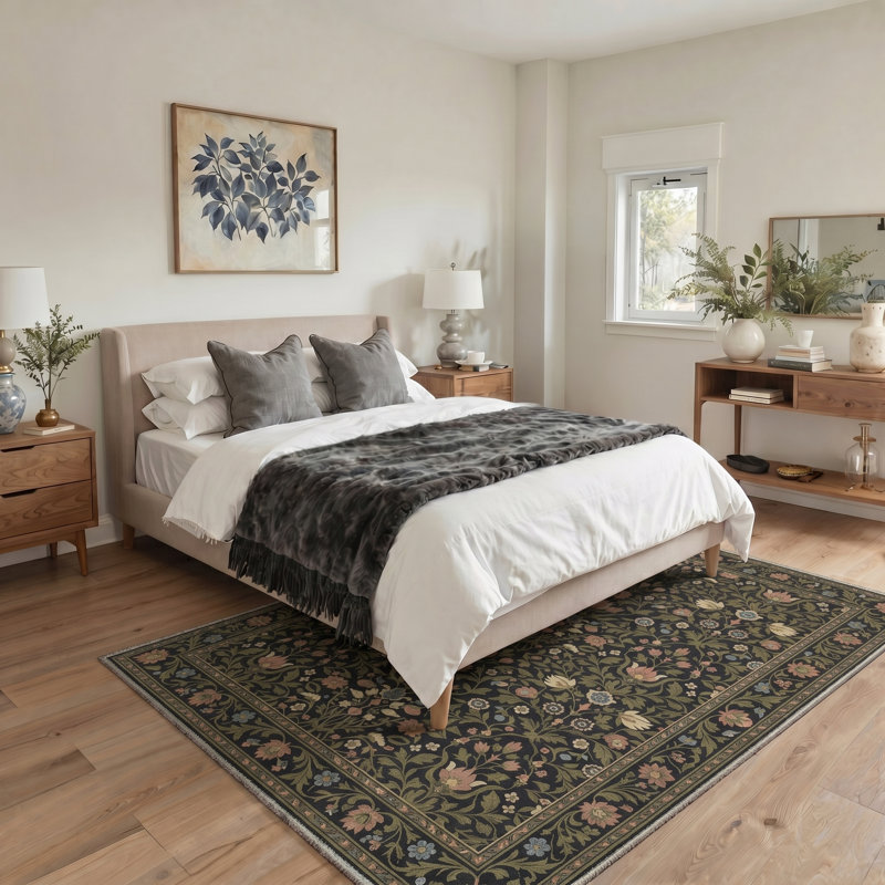 Ariane Floral Machine Washable Green / Black Indoor Area Rug with Non-Slip Backing, Rectangle 8' x 10'