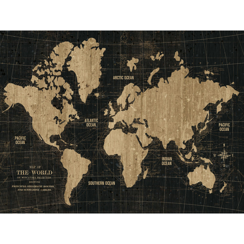 «Old World Map Black Gold» par Wild Apple Portfolio - impression sur toile tendue, H 12 po x l 16 po