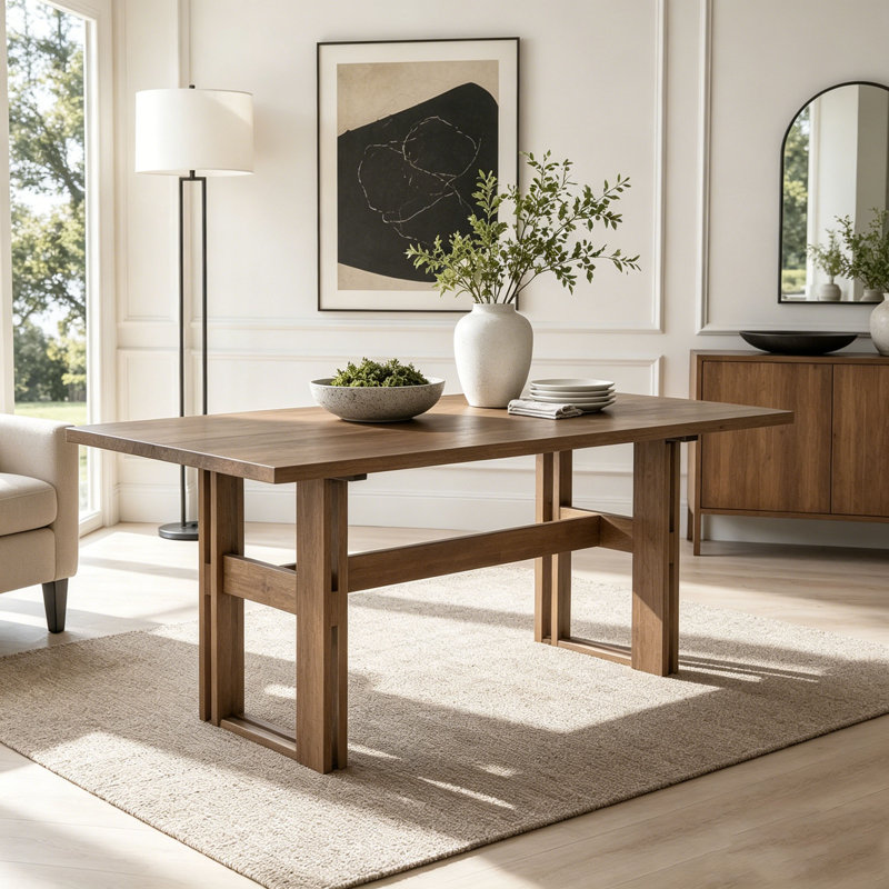 Large Rectangular Wooden Dining Table with Pedestal Base