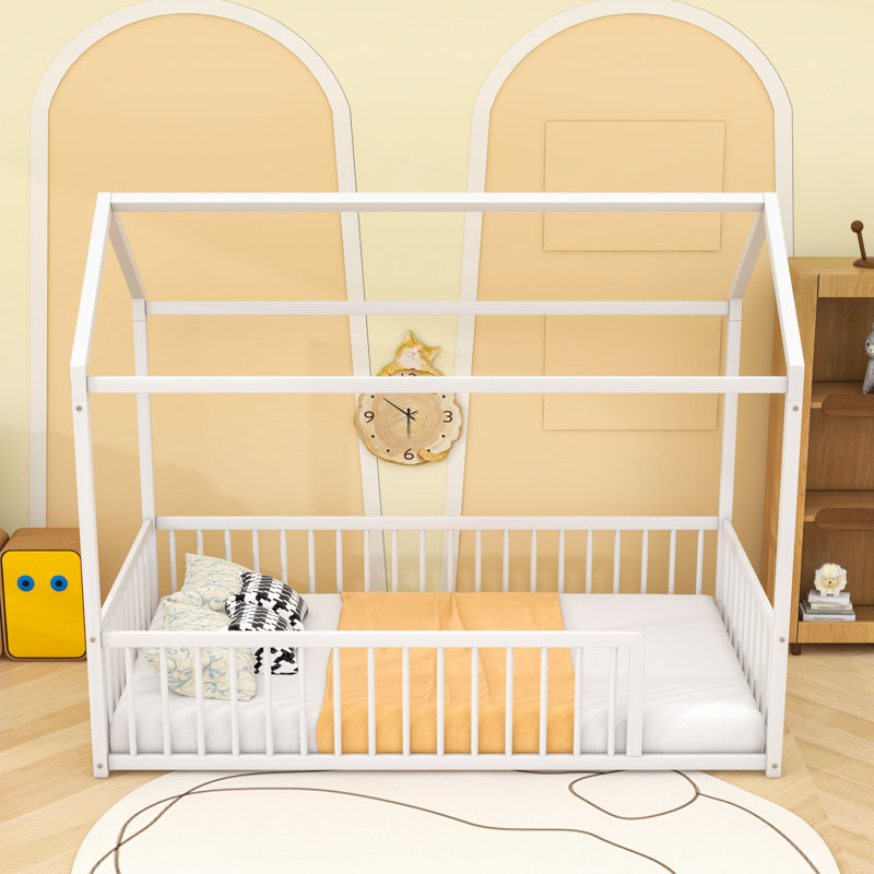 Metal House Shaped Bed With Fence, Twin, White