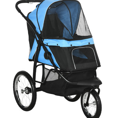 Petite poussette pour chien de taille moyenne, 3 roues caoutchoutées, pliable, auvent réglable, sangle, bac de rangement bleu, poussette de transport pour animaux pour et chiens, housse, cordon, boîte, teinte