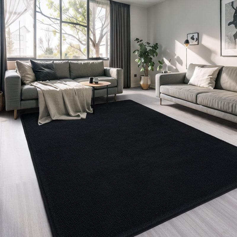 Rectangle Mardena Solid Color Machine Tufted Shag Microfiber Area Rug in Black, Rectangle 5' x 8'