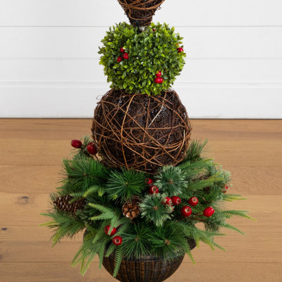 3ft. Pre-Lit Artificial Finial Boxwood Ornament Mixed Pine Topiary Christmas Tree with 70 LED Lights in Decorative Urn