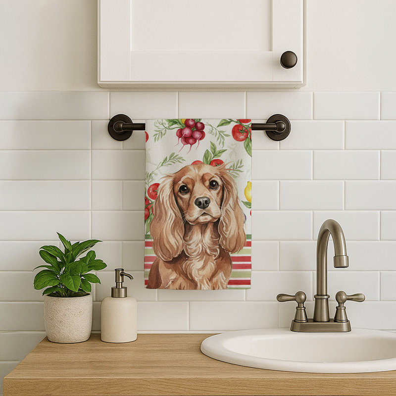 Ruby Cavalier Spaniel Vegetables Kitchen Towel, Ruby Cavalier Spaniel