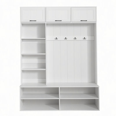 Arbre d'entrée de style campagnard avec banc et rangement pour chaussures, banc d'entrée avec portemanteau, armoire de rangement moderne avec crochets pour le couloir, l'entrée et le salon