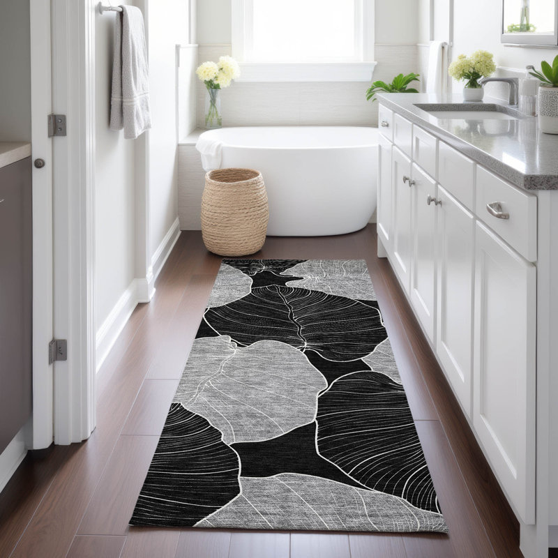 Machine Washable Indoor/Outdoor Chantille ACN2506 Floral Rug, Runner 2'3" x 7'6", Black