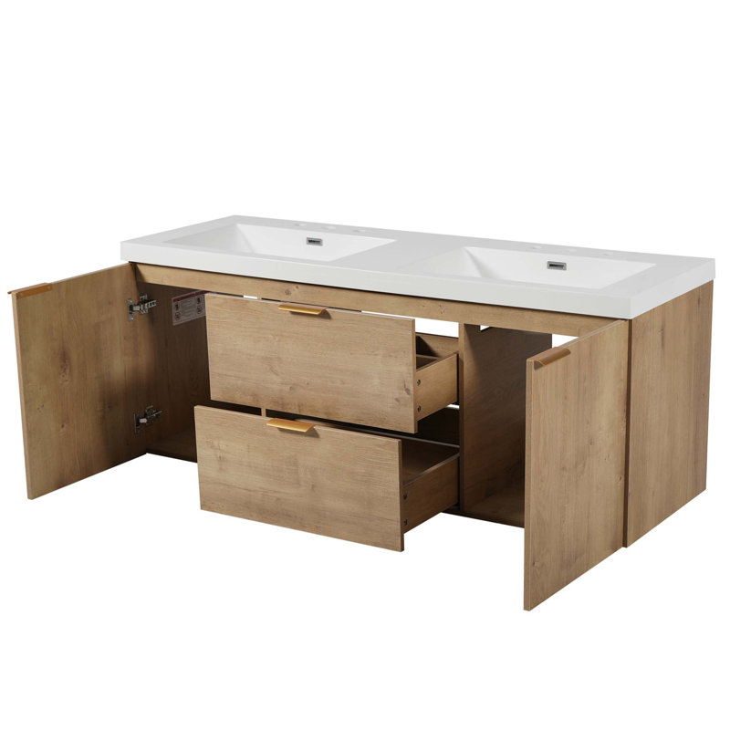 Meuble-lavabo moderne à double cuve avec plateau en SMC et rangement à fermeture en douceur, Doré