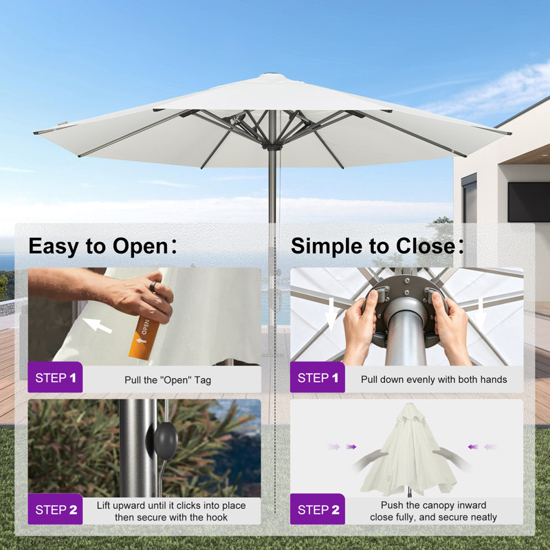 Très grand parasol rond commercial de 16 pi pour table de marché avec auvent ventilé et résistant au vent, Blanc