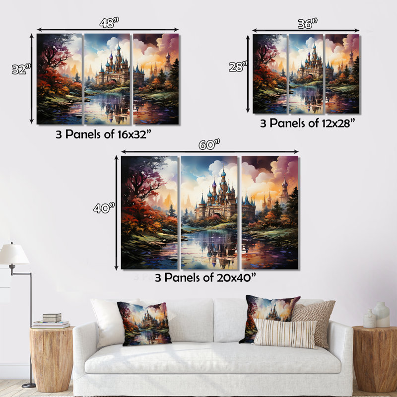 «Castle Magic Castle Tapisserie» sur toile, reproduction de 3 pièces, H 28 po x l 36 po x P 1 po