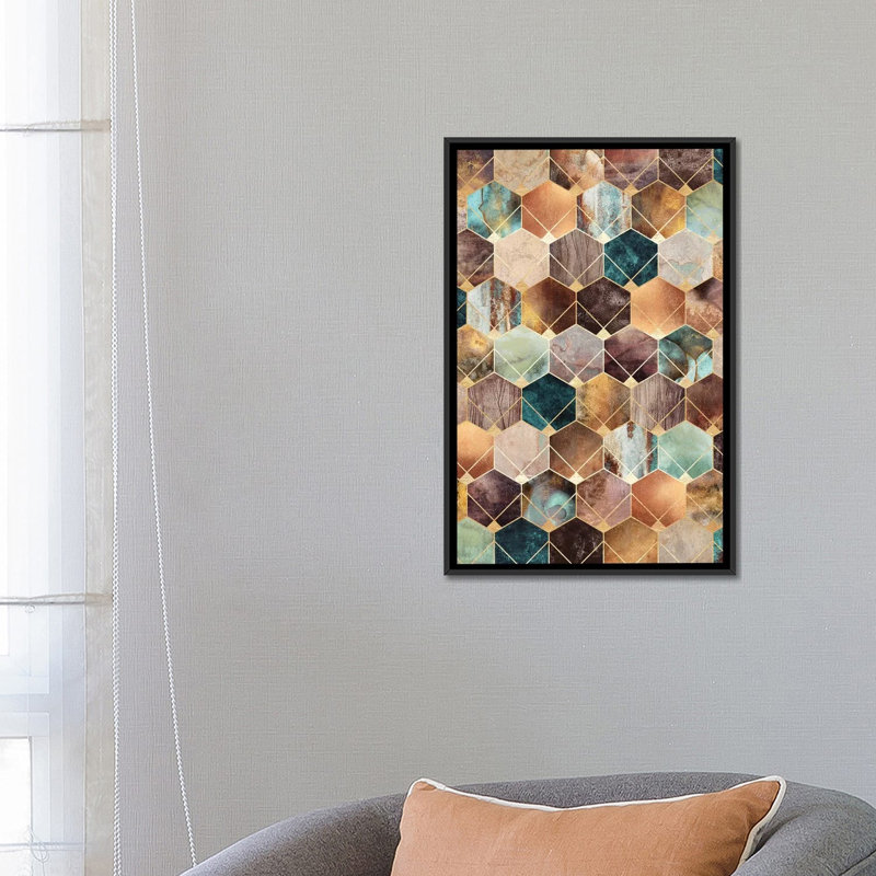 «Natural Hexagons and Diamonds», impression sur toile, H 26 po x l 18 po x P 1,5 po, Toile avec cadre noir, Pas de tapis
