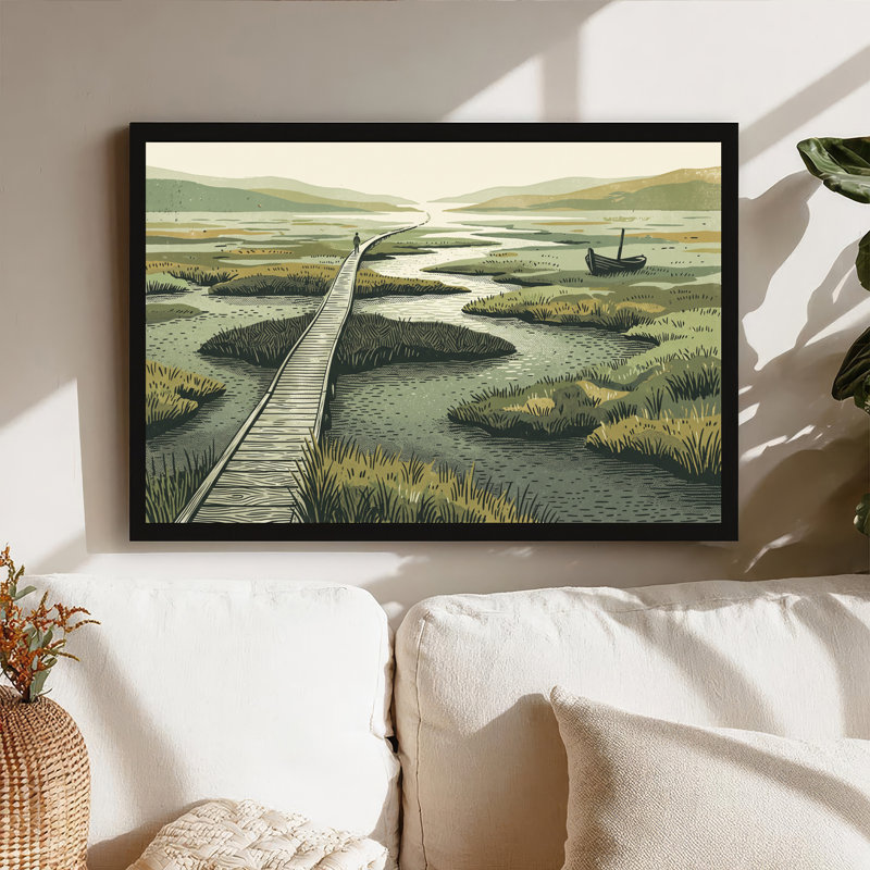 Art mural en bois, promenade en bois à travers le marais vert avec bateau, H 20 po x l 30 po