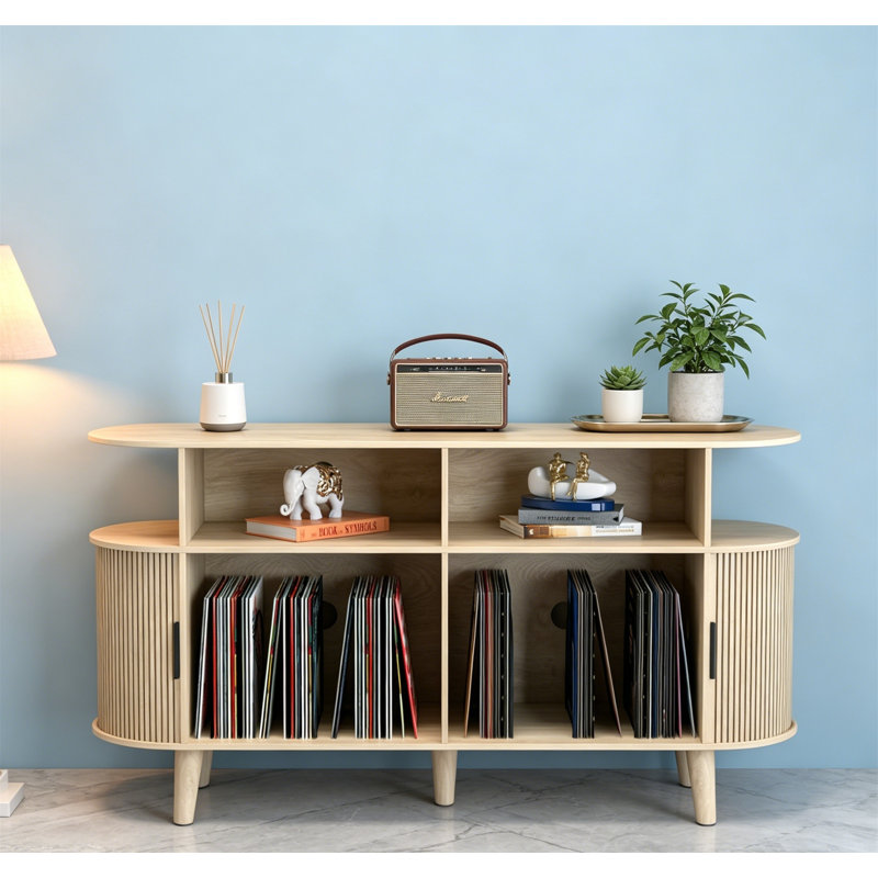 Large Round Record Player Stand with Charging Station USB Ports, Mid Century Turntable Storage Cabinet, Oak, Beige